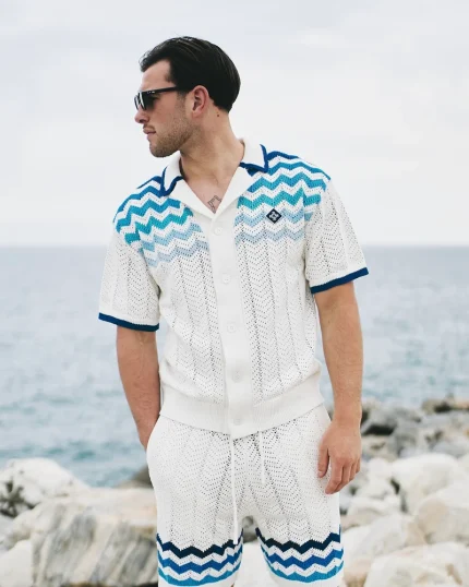 Zig Zag Crochet Knit Shirt Blue
