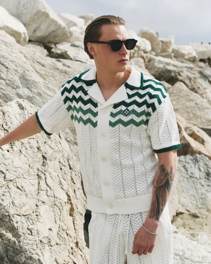 Zig Zag Crochet Knit Shirt Green