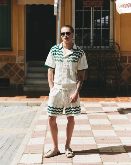 Zig Zag Crochet Knit Shirt Green1